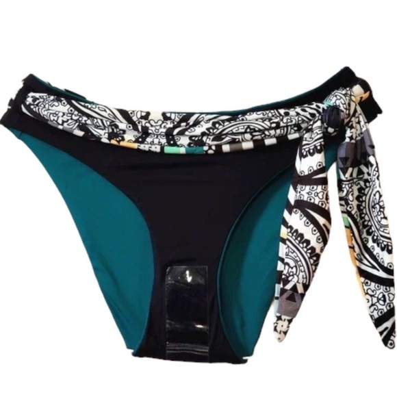 BECCA Bikini Bottom NWOT Fern Green Black White Reversible Belted - Picture 2 of 11